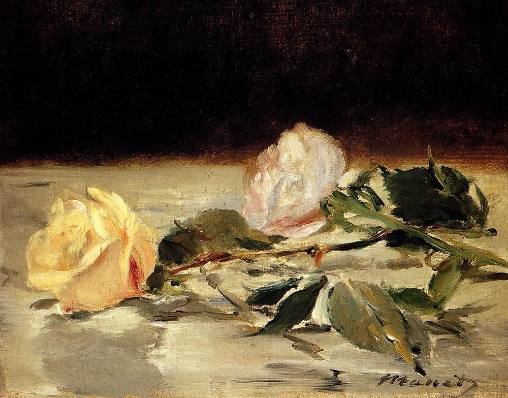 Edouard Manet Two Roses On A Tablecloth